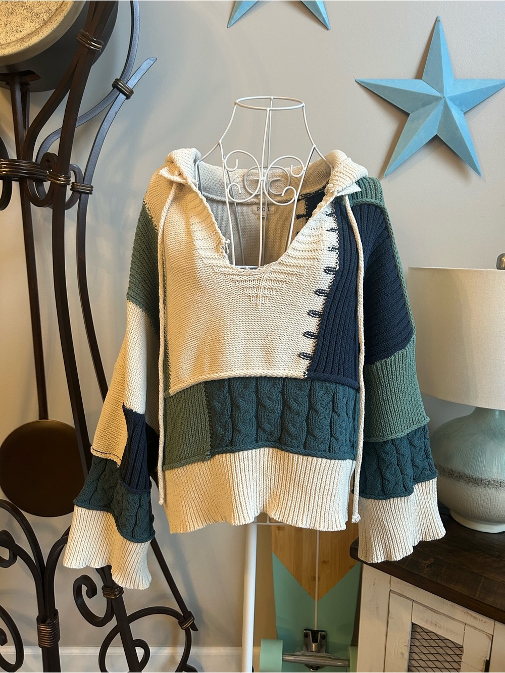 POL Boho Oversized Patchwork Hooded Sweater S-Cream Navy Sage Cable Knit Cropped